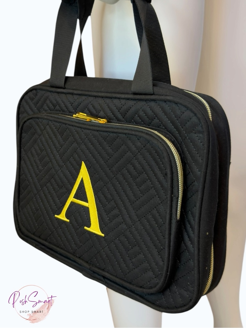 Partylamb Initial “A” Quilted Hanging Cosmetic Organizer Bag Black Gold